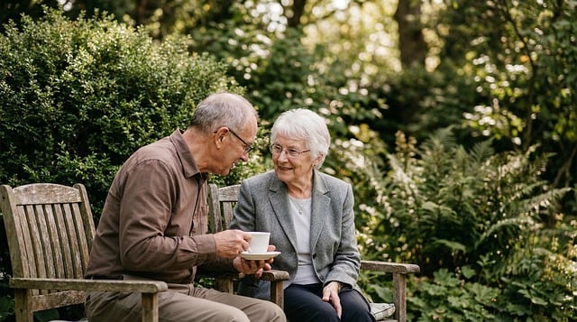 elderly couple sitting on garden bench